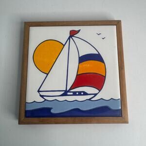 Vintage USA Framed Sailboat Tile Art Blue Yellow Oceans Marine Seaside Nautical